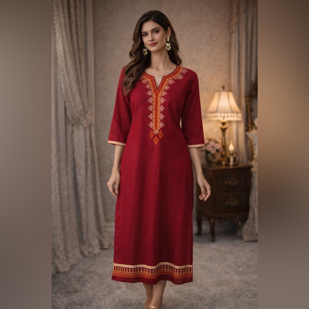 Maroon red Embroidered midi side splits cotton Dress summer boho tribal size‎ 6